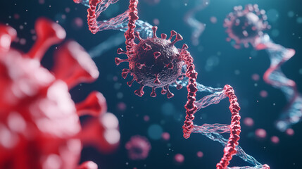 This 3D image shows a DNA strand, representing new ideas. It uses digital analysis to test human DNA, especially in relation to the COVID-19 virus. The image has room for text and creative designs.