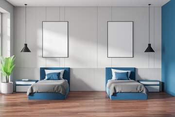 Sticker - Colored home bedroom interior with twin bed and nightstands. Mockup frames