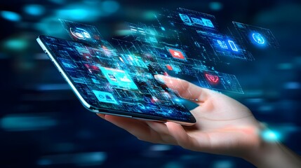 Hand Holding Smartphone with Holographic Interface