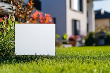 Blank yard sign in green grass on the house background. Yard sign mockup 