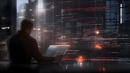 Hacker Working On Laptop In Front Of Code And Data Screen