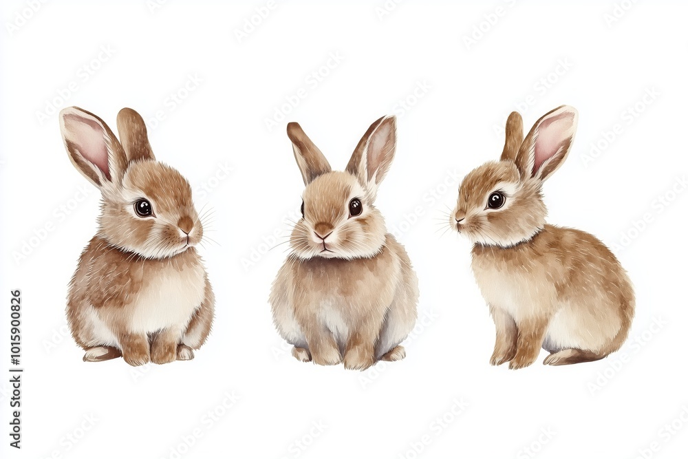 Collection of three watercolour paintings of brown cute rabbits ...