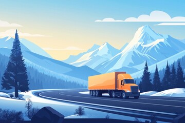 A vibrant truck travels through a picturesque snowy mountain landscape, showcasing nature and transportation in harmony.