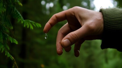 Wall Mural - A single drop of water hangs from a fingertip, captured in a lush green forest setting.