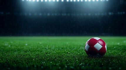 Black and white soccer ball resting on a green grass field, ready for a game