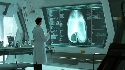 Futuristic Medical Lab Scientist Examining X Ray on Screen