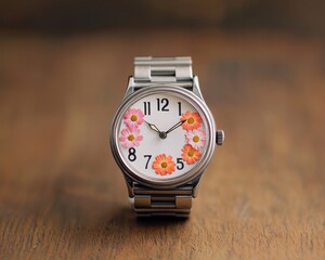 Floral design wristwatch on wooden surface, stylish and modern, perfect for accessories.