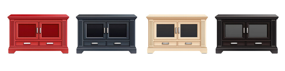 Set of four modern storage cabinets in different colors against a white isolated background. transparent background