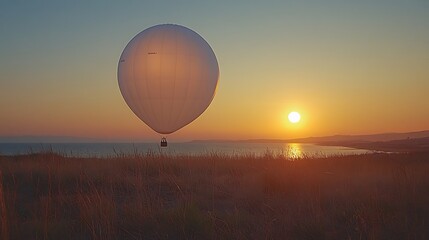 Wall Mural - a white hot air balloon floats over a grassy dune at sunset with the sun shining off the ocean.