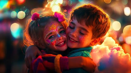 Canvas Print - Joyful children with painted faces share a warm embrace, beaming brightly under the dazzling carnival lights and surrounded by fluffy cotton candy. 