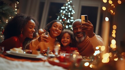 Wall Mural - Happy people take family selfie photo together during christmas dinner  