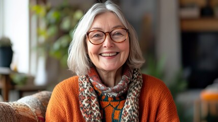 Canvas Print - Happy middle aged senior woman talk on video call with friends family. Laughing mature old senior grandmother having fun speaking with grown up children online.