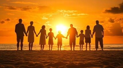 Wall Mural - Family holding hands beach at sunset and generations grandparents travel with parents and kids with orange sky Back unity and men women and children silhouette and vacation with mockup 