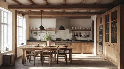 Wall Mural - Cozy rustic kitchen featuring wooden beams, cabinets, and a large dining table 