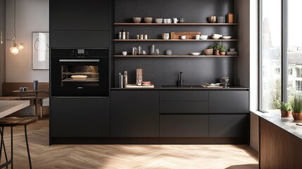 Wall Mural - Contemporary kitchen with open shelving, matte black cabinets, and a built-in oven, accented by a stylish backsplash and wooden flooring Close-up photo with clean background 