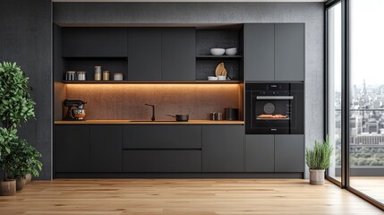 Wall Mural - Contemporary kitchen with open shelving, matte black cabinets, and a built-in oven, accented by a stylish backsplash and wooden flooring Close-up photo with clean background  