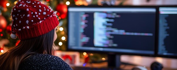 Focused Worker in Festive Hat Amid Christmas Decor at Computer Screen