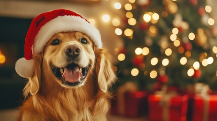 Poster - Cheerful dog golden retriever in Santa Claus hat near Christmas tree at home. Preparing for Christmas holidays  