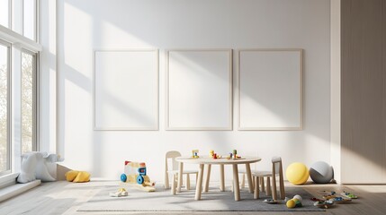 Wall Mural - Bright and airy playroom interior with modern child's table and chairs, toys, and blank picture frames for your family photos or artwork. 