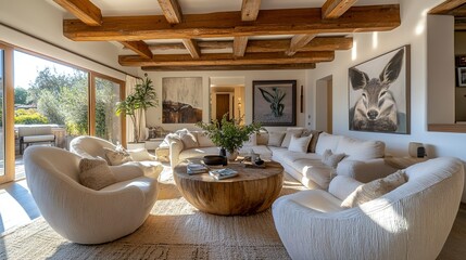 Poster - beautiful small space casual living family room soft neutral wood beams and a gorgeous grouping of swivel color fabric chairs around a striking coffee table coastal design nature freshness home  