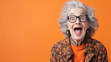 Sticker - An older woman with glasses and a jacket is smiling and making a surprised face. Concept of joy. surprised happy funny old woman in glasses with mouth open on an orange background with a copy space 