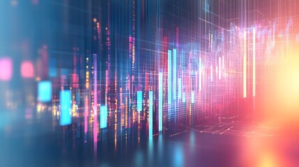 Abstract Digital Cityscape Background with Neon Lights and Grid