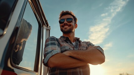 Happy confident male driver standing in front on his truck