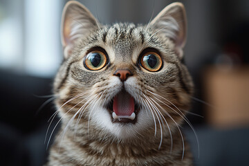 a cat with its mouth open and eyes wide open. the cat is looking at the camera and he is surprised o