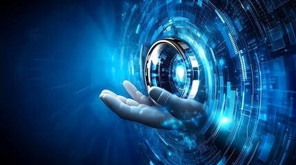 Futuristic Hand Holding Digital Orb with Blue Technology Interface