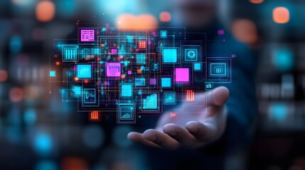Hand Holding Digital Interface with Icons for Technology and Business
