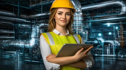 Confident Female Engineer in Hard Hat Holding Tablet in Industrial Factory