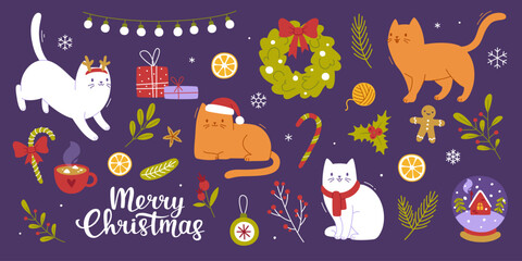Wall Mural - christmas decor and cats set. vector cartoon xmas collection with kittens and decoration.