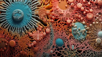 Intricate, colorful cellular structures interweave in an abstract representation of biology, showcasing vibrant textures and organic complexity.