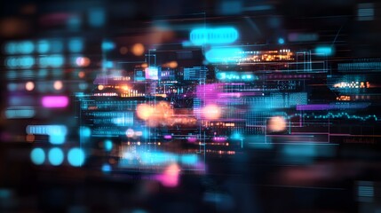 Abstract Digital Technology Background with Glowing Lines and Bokeh Lights