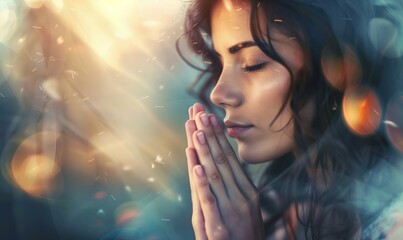 woman praying on beautiful glowing background, religious concept