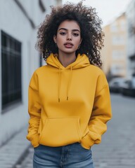 A young woman with curly hair stands confidently on an outdoor city street, wearing a stylish yellow hoodie and jeans, embodying modern fashion and urban lifestyle.