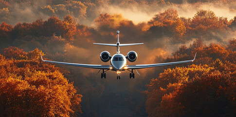 Private white business jet taking off against forest backdrop Business aviation concept for travel or trips
