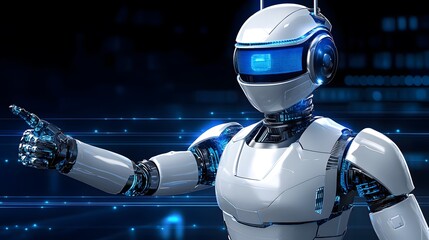 Futuristic White Robot Pointing with Blue Lights on Dark Background