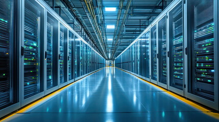 Fototapete - Data Center Server Room with Rows of Racks and Servers