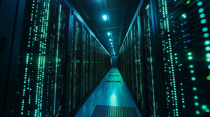 Wall Mural - streams of blue and green lights represent data flowing through towering racks of servers in a high-