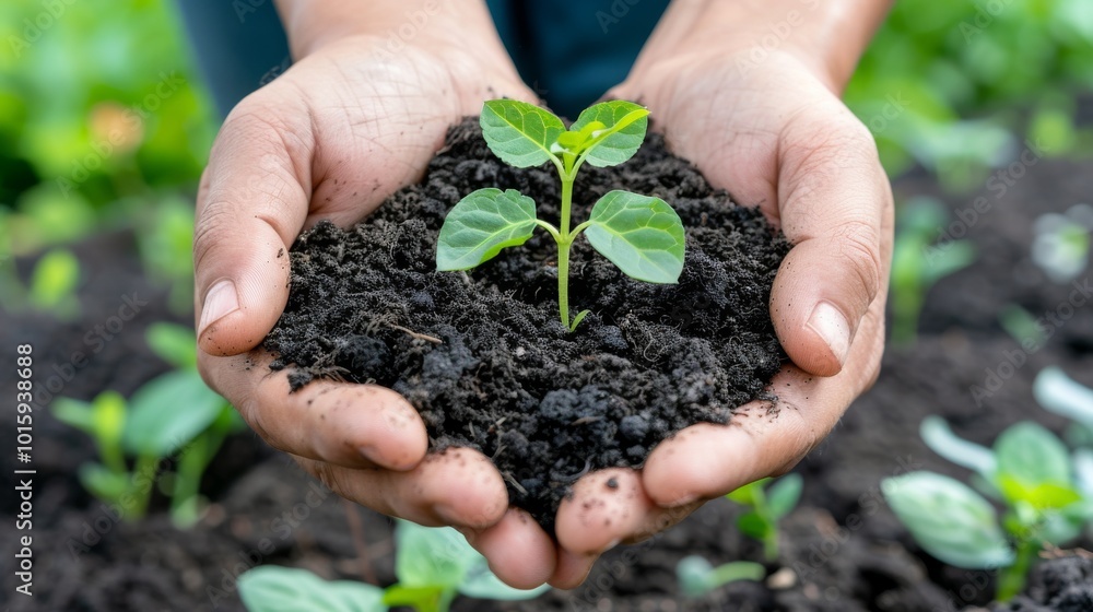 A close-up of a set of hands holding soil, with small green seedlings emerging