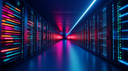 Wall Mural - a dark, ambient room filled with server racks, illuminated by lines of neon light representing the f
