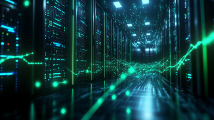 Wall Mural - a high-tech room filled with towering server racks, with glowing blue and green lines representing d