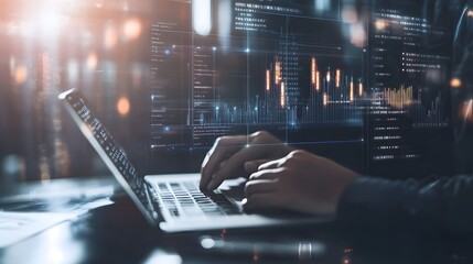 Hands Typing on Laptop with Data and Code on Screen