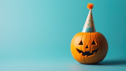 Wall Mural - Pumpkin wearing party hat on blue background