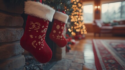 Two red Christmas stockings hang from a brick fireplace with a Christmas tree and a couch in the background.