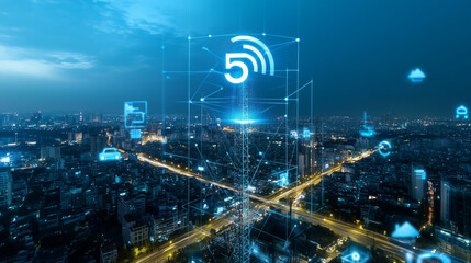 Wall Mural - a futuristic 5g tower in the center of a sprawling cityscape, emitting holographic signals that conn