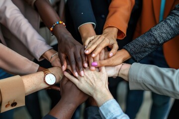 Professional business team in a close-up top view, hands stacked together to signify unity and teamwork.