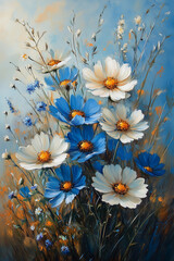 Wall Mural - A vibrant close-up painting of wildflowers, featuring blue and white petals with bright yellow centers, set against a soft background.