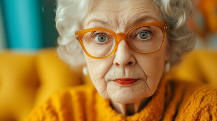 Sticker - Woman wearing glasses and a yellow sweater. She has red lipstick on. She is looking at the camera. older woman, quirky, confident, attitude